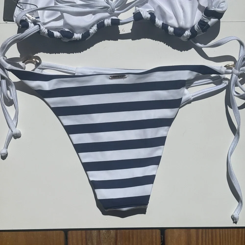 RELLECIGA Womens Striped Triangle Bikini Set Navy Blue White Size Small